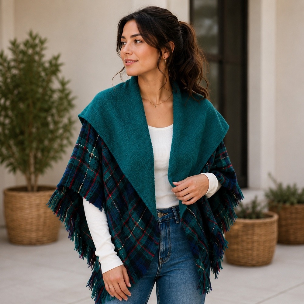 Boyne Valley Weavers Teal Plaid Wool Blend Poncho Cape Shawl Ireland Fringe